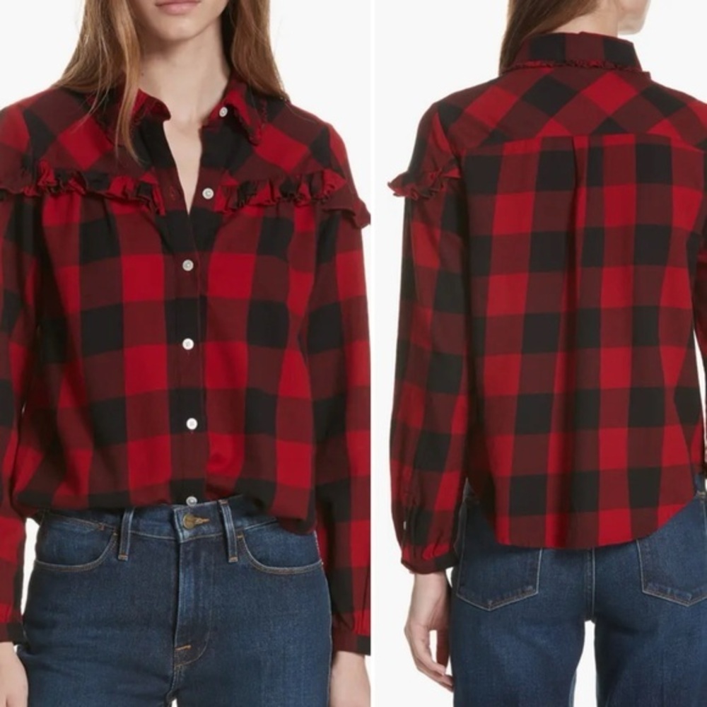 FRAME Ruffle Trim Buffalo Check Shirt, size S NWT